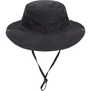 Unisex Black Wide Brim Loops Buckle With Chin Strap Adjustable Boonie Sun Hat